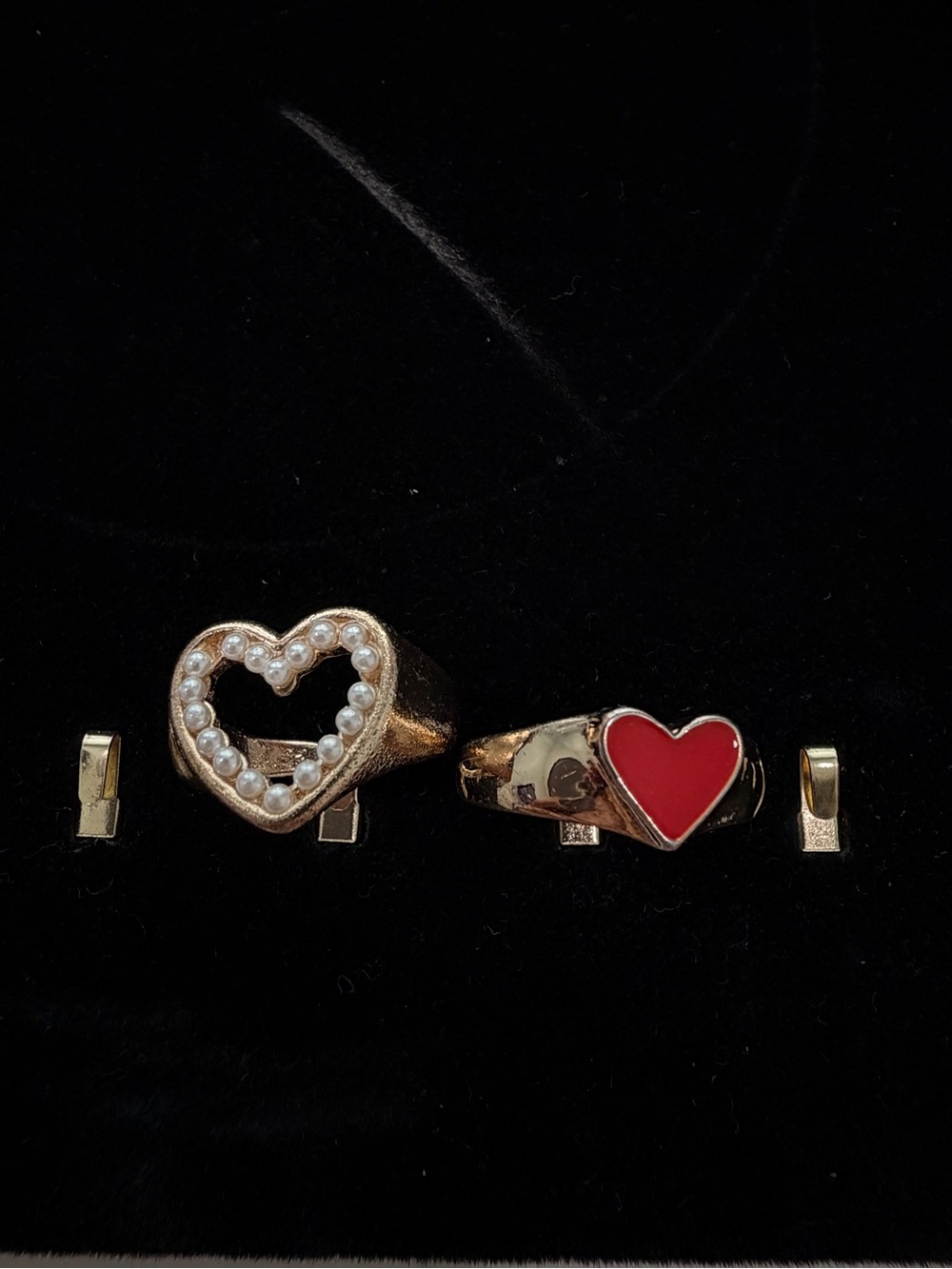 Gold-Tone Heart Rings Set with Red Enamel & Pearl Accents